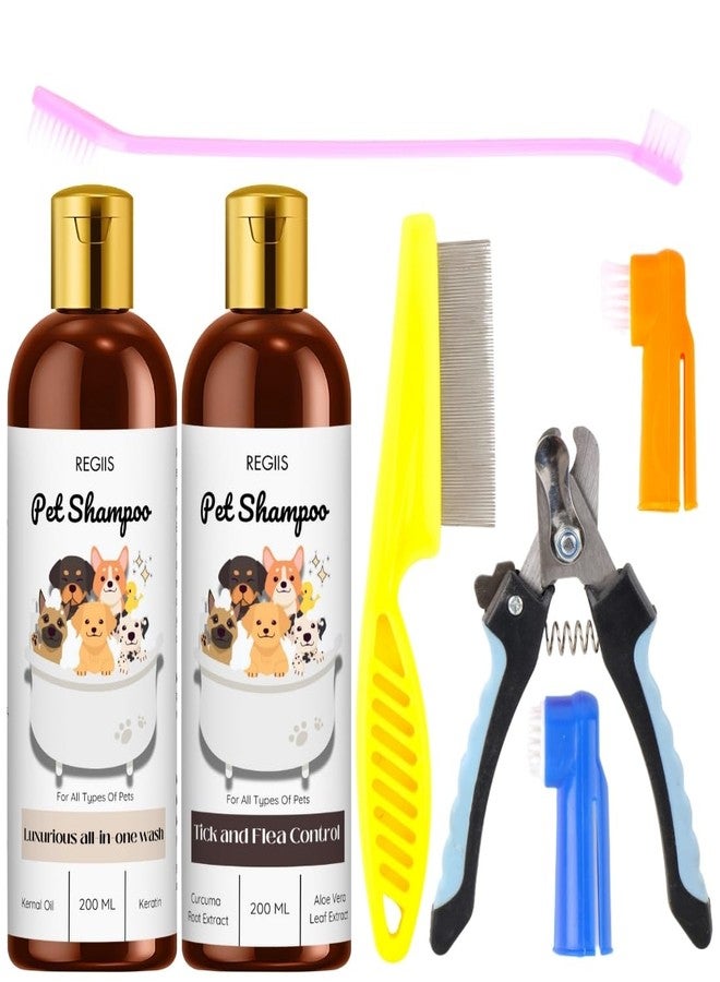 مجموعة ريجيس للعناية بالحيوانات الأليفة، مجموعة شامبو للكلاب مع مكافحة القراد والبراغيث، غسول متكامل، مقص أظافر، مشط، فرشاة أسنان، مجموعة عناية بالحيوانات الأليفة مكونة من 7 قطع - Image 1